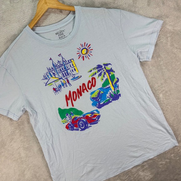 Mighty Fine Monaco Graphic T-Shirt Race Car Travel Print Light Blue Sz XS - Picture 1 of 8